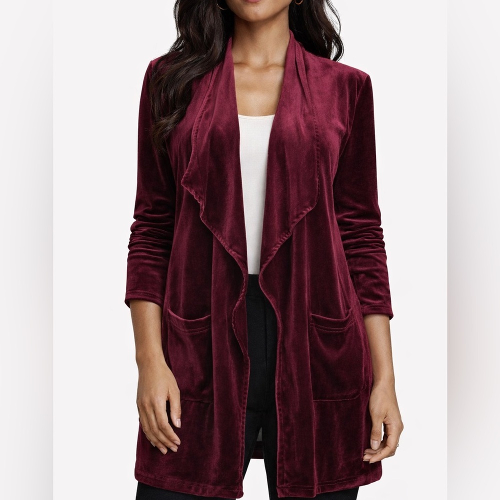 Futurino Burgundy Velvet Open Front Cardigan Duster Jacket NWT Women’s Small